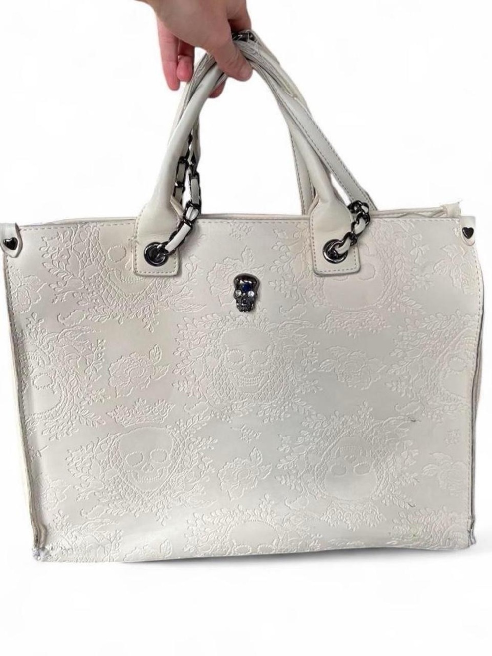 Betsey Johnson XOKiara Skull Tote Bag Cream Embossed Y2K Goth